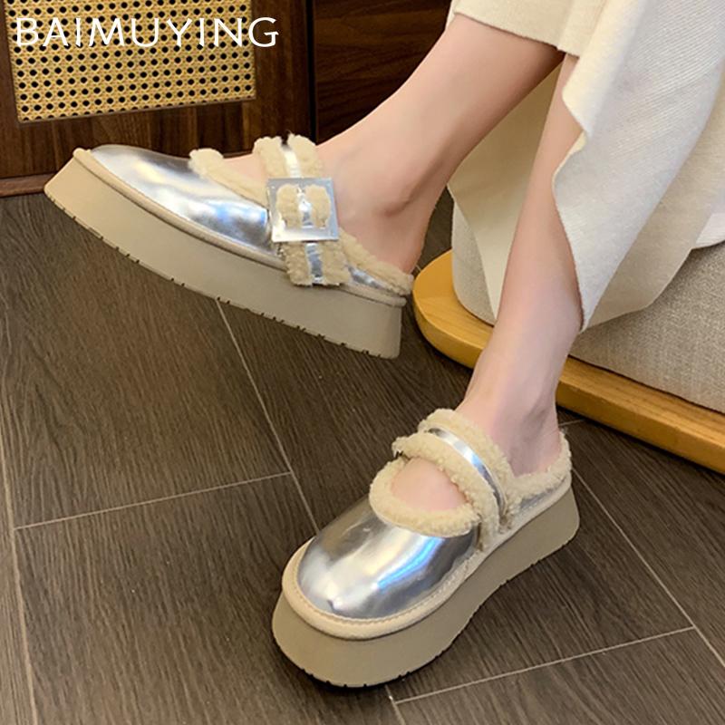 Fur Flats Women Slippers Short Plush Platform Cotton Shoes Shallow Buckle Casual Shoes 2024 Trend Designer Buckle Zapatos Femme