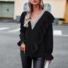 Women's Casual Loose Blouse Autumn Commuter V Neck Ruffles Long Sleeve Lace Shirt Top
