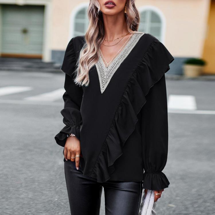 Women's Casual Loose Blouse Autumn Commuter V Neck Ruffles Long Sleeve Lace Shirt Top