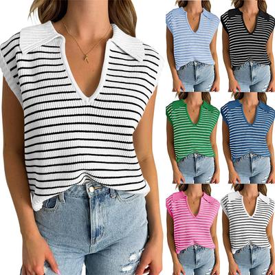 Women Summer Sleeveless Pullovers Tops V-neck Striped Turn Down Collar T-shirts Ladies Casual Tee Shirts