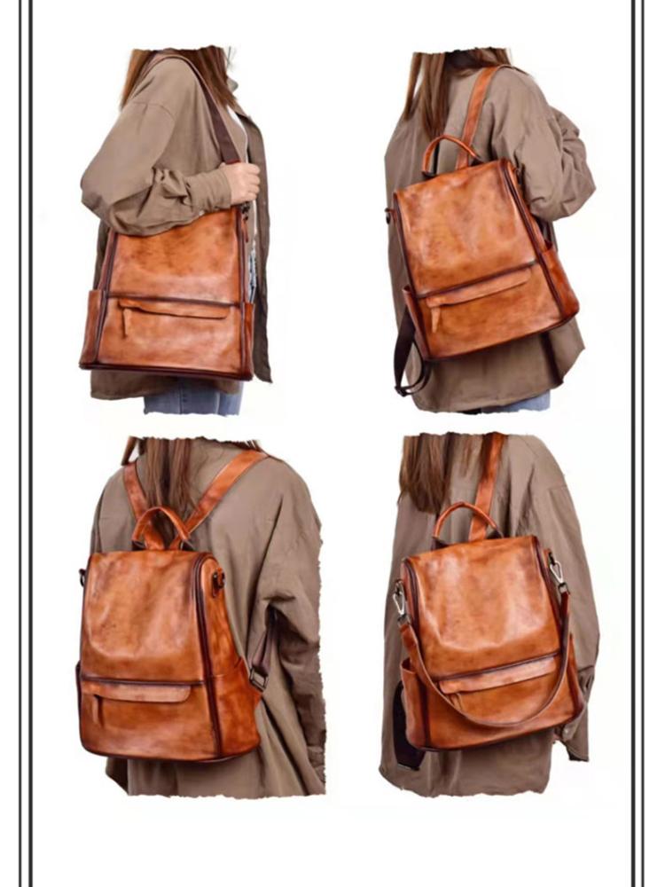 Johnature Vintage Backpack Genuine Leather Large Capacity Women Bag Solid Color Natural Cowhide Leisure Travel Bags