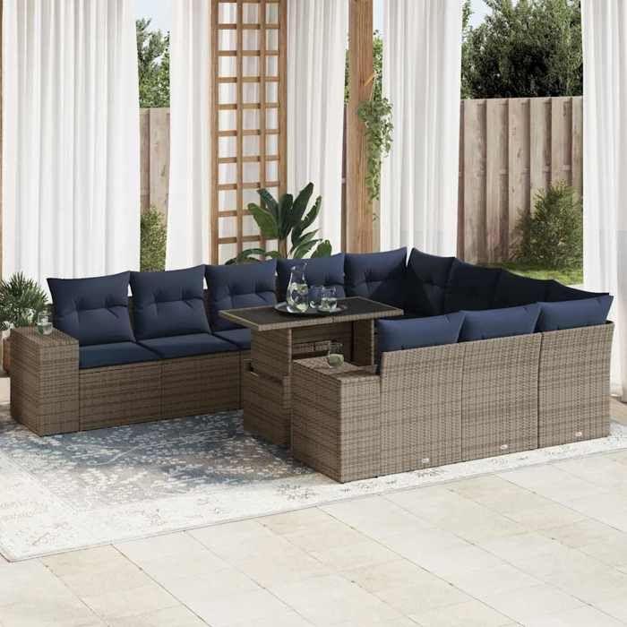 VidaXL Salon de jardin avec coussins 15 pcs gris résine tressée acacia, ensemble de canapés d'extérieur, salon de jardin 3326872