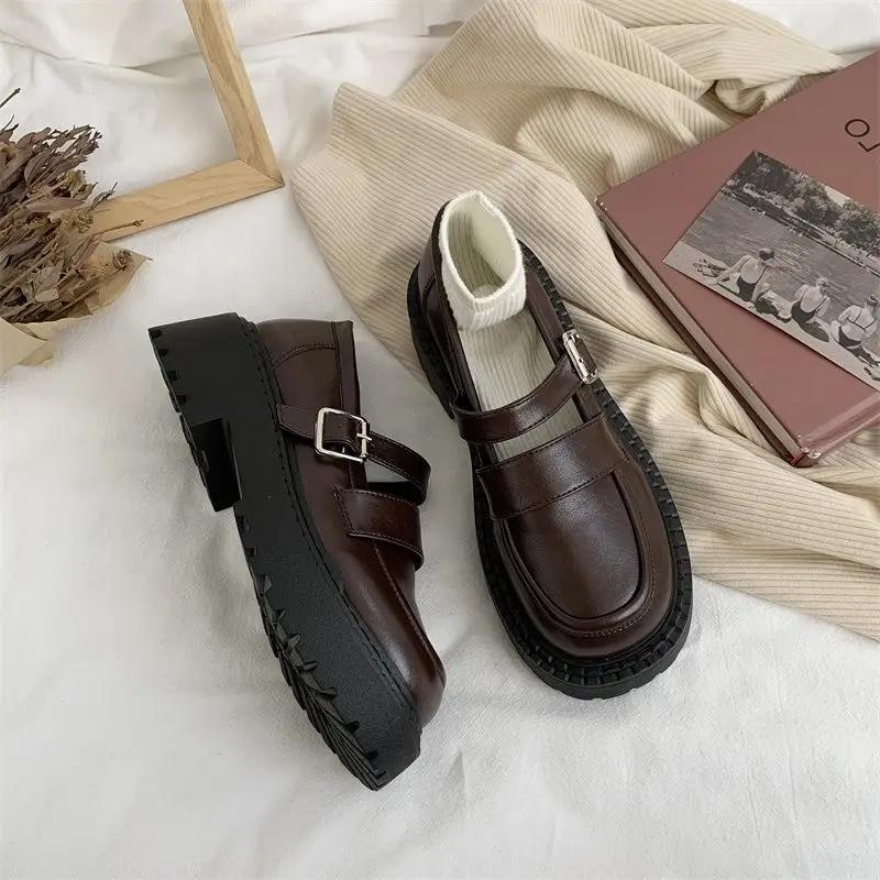 Fashion Brown Luxury Leather Casual Round Toe Ladies Footwear Japanese Style Lolita Gothic Women's Shoes Platform Buckle Mary Jane 39 E