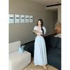 Kumikumi Fashion Set French style Puff sleeve U Collar Shirts Women Summer Loose Pleat Skirt Two-piece Set