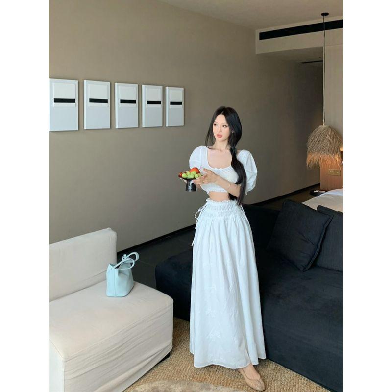 Kumikumi Fashion Set French Style Puff Sleeve U Collar Shirts Women Summer Loose Pleat Skirt Two-piece Set