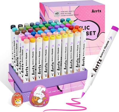 Arrtx 60 Colors Acrylic Paint Acrylic Markers with Flexible Brush Tips for Rock Paint Marker Fabric Waterproof Art Markers for DIY Craft Making Pens,