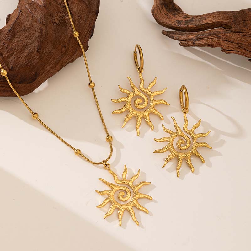 Stainless Steel Spiral Sun Pendant Necklaces Earrings Set for Women Trendy Gold Color Snake Bone Chain Bead Choker Zircon Gifts