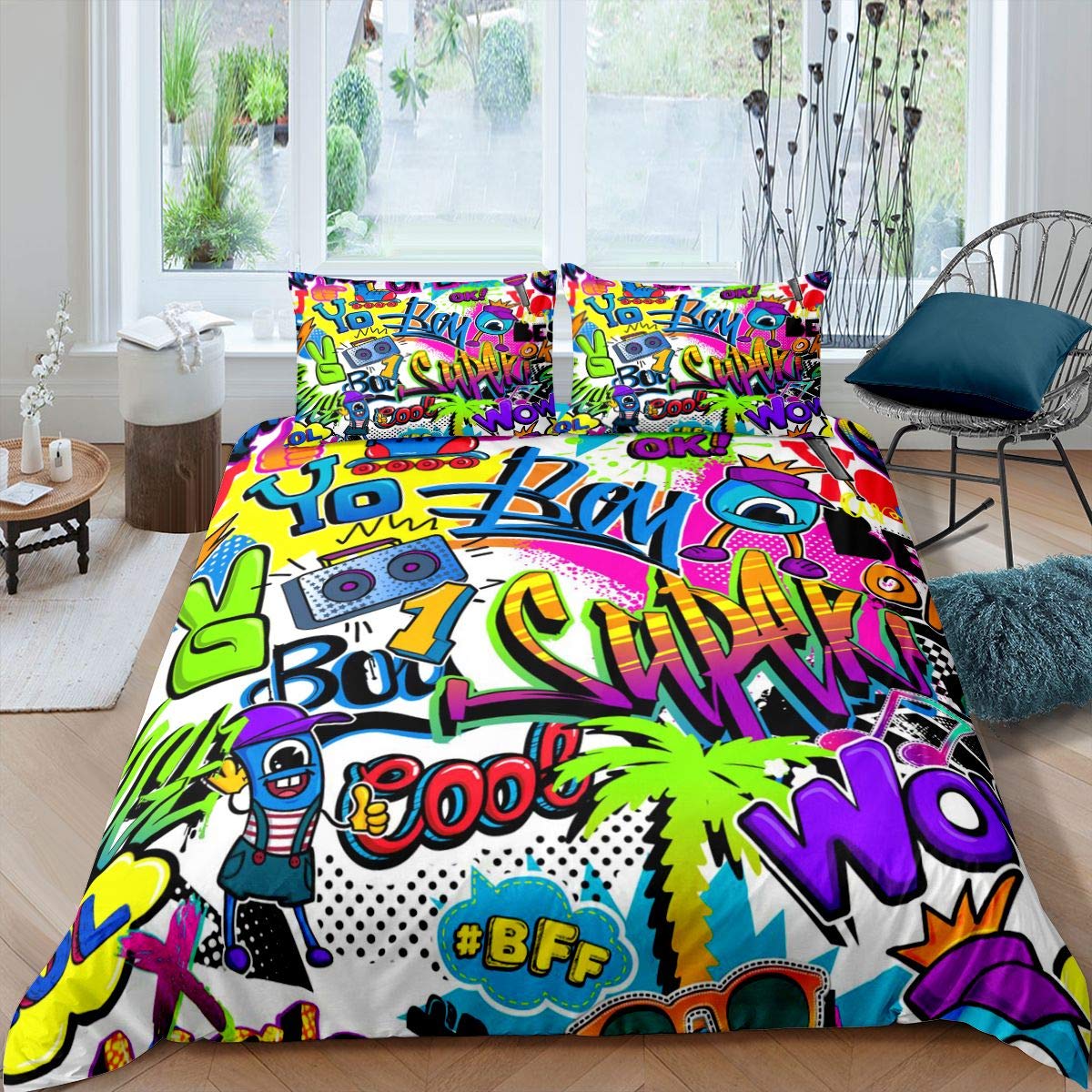 

Graffiti Duvet Cover Sets for Kids Teens Quilt Covers Queen Lightweight Down Room Decor 2 Pillowcases 1 Duvet Cover No Comforter (135x200cm)