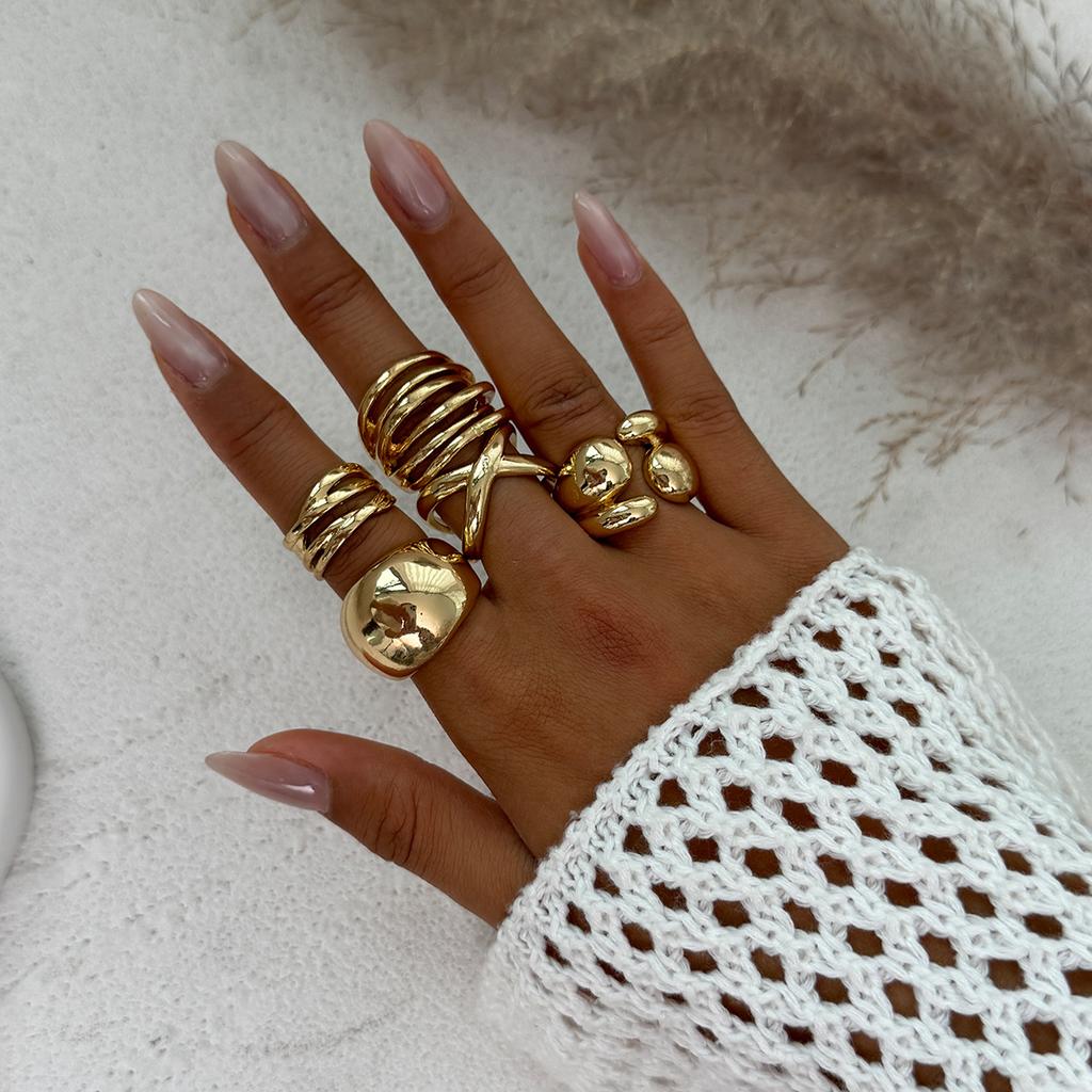 Niche Metallic Photosensitive Surface Ring Set Exaggerated Irregular Geometric Open Ring