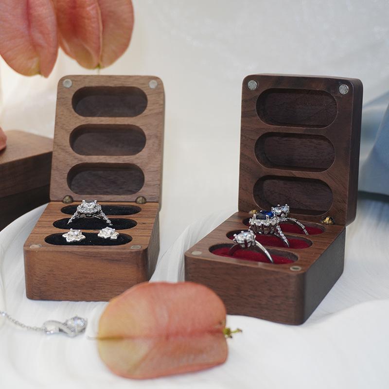 Black Walnut Wood Ring/Earring Storage Box, Three Anti-Oxidation Slots