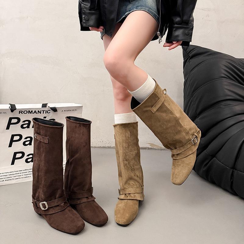 Women's Long Boots Chinese Belt Button Head High Boots New Temperament Knight Boots Autumn Retro Trousers Inner Height Increase