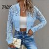 Floral Print Jacket Women's Lace Jacket, Sexy See Through Long Solid Color Women Sleeve Crop Coat, Zip-Up Sheer Lightweight Outerwear Casual