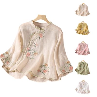 Women's Vintage Inspired Loose Fit Embroidered Mandarin Collar Button Front Cotton Linen Blend Blouse With Three Quarter Sleeves