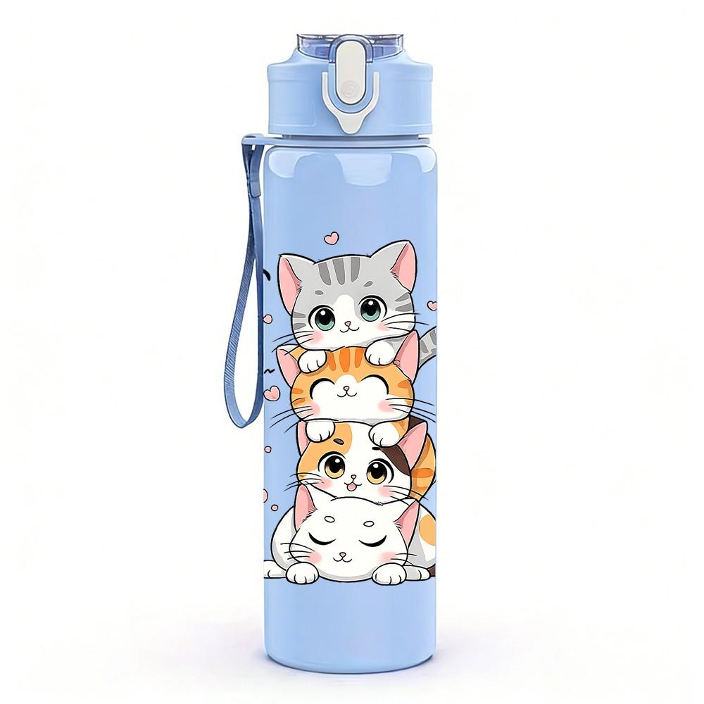 1PC Stacked Playful Kitten Cat Print 750ml Color Plastic Sports Water Bottle Leakproof Flip Straw Lid Suitable for Sports Office Home Use