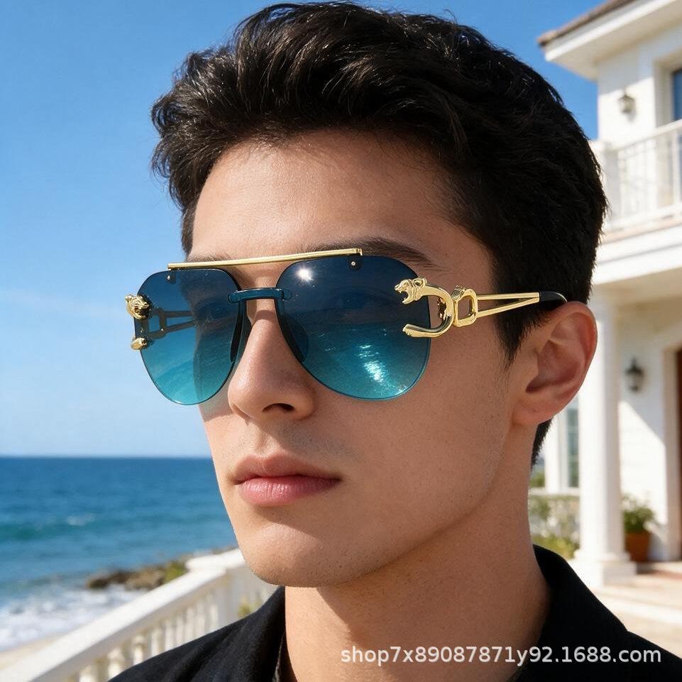 Double beam frameless sunglasses women's UV protection trend personalized fashion toad glasses European and American men's sunglasses