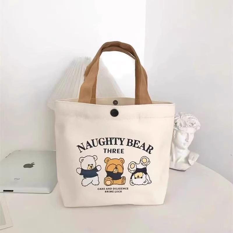 Three Little Bears Cartoon Canvas Lunch Bag – Portable & Versatile Handbag for Work