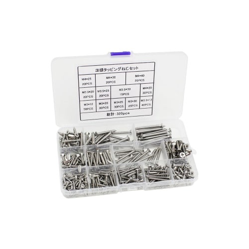 320-Piece Countersunk Head Tapping Screw Set, 304 Stainless Steel, Cross-Recessed Countersunk Head, Wood Screw Set, Drill Screws, M3, M3.5, M4, with S