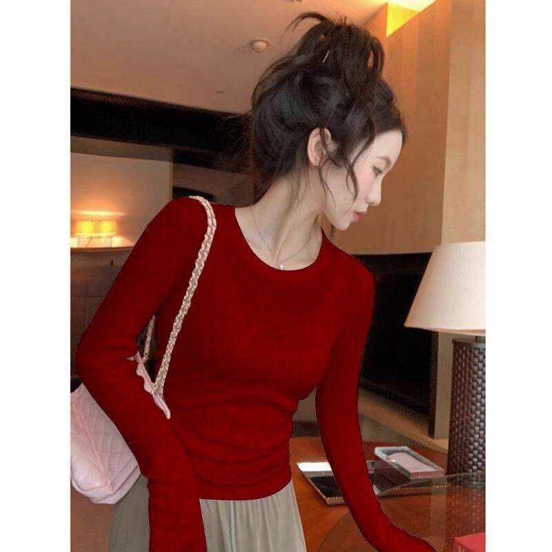 

Trendy American Crew Neck Long Sleeve Slim Fit Top for Women - Autumn/Winter XXL (125-135kg) червоний