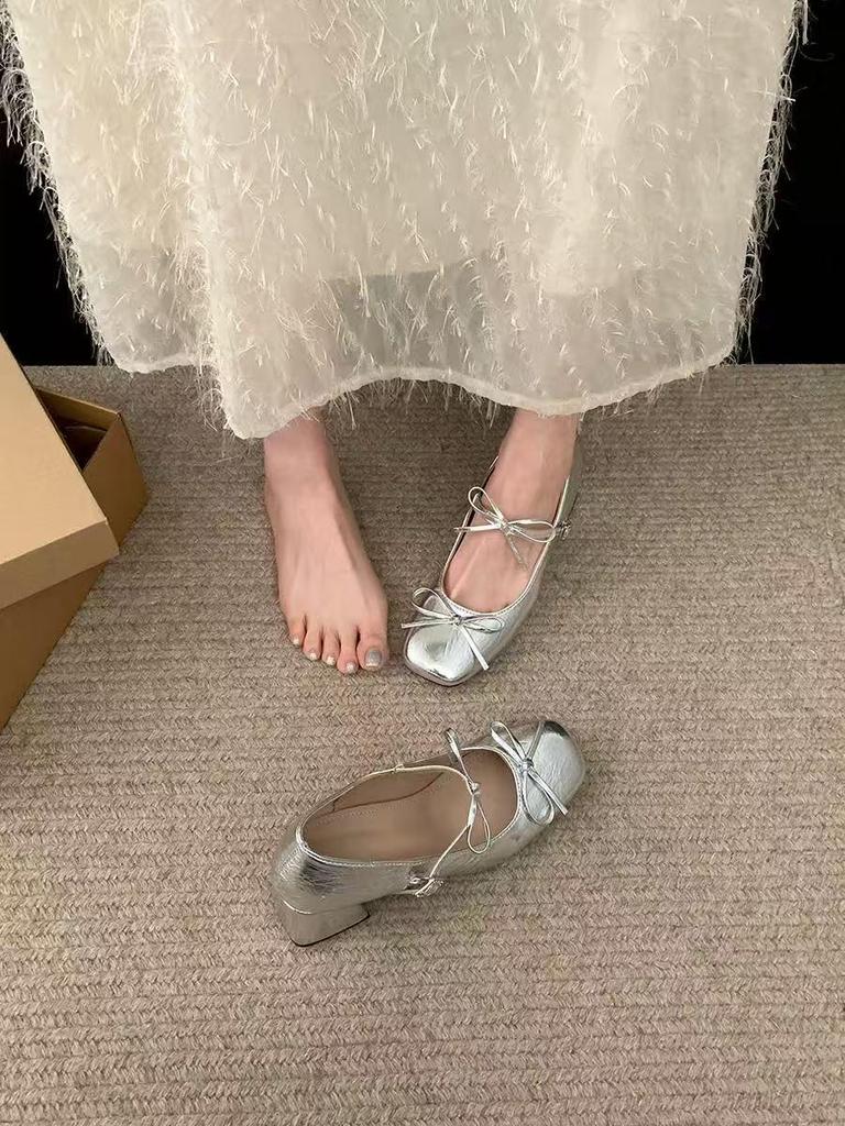 2025 New Versatile Silver French Bow Mary Jane Skirt Shoes - Women's Chunky Heel Spring Edition