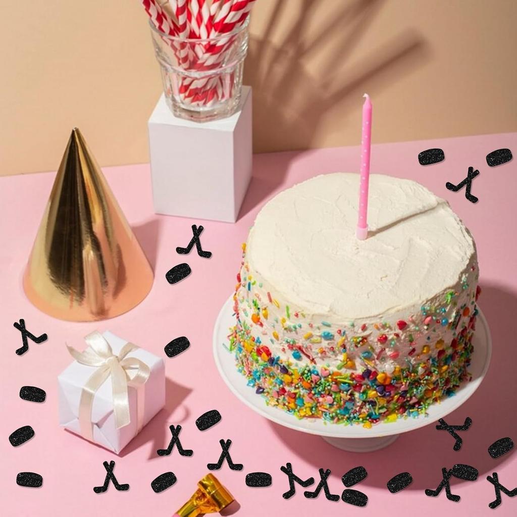 120 Hockey Confetti, Black Glitter Hockey Paper Confetti for Hockey Players Birthday Party, Hockey Ball Cut Out for Sports Theme Party Table