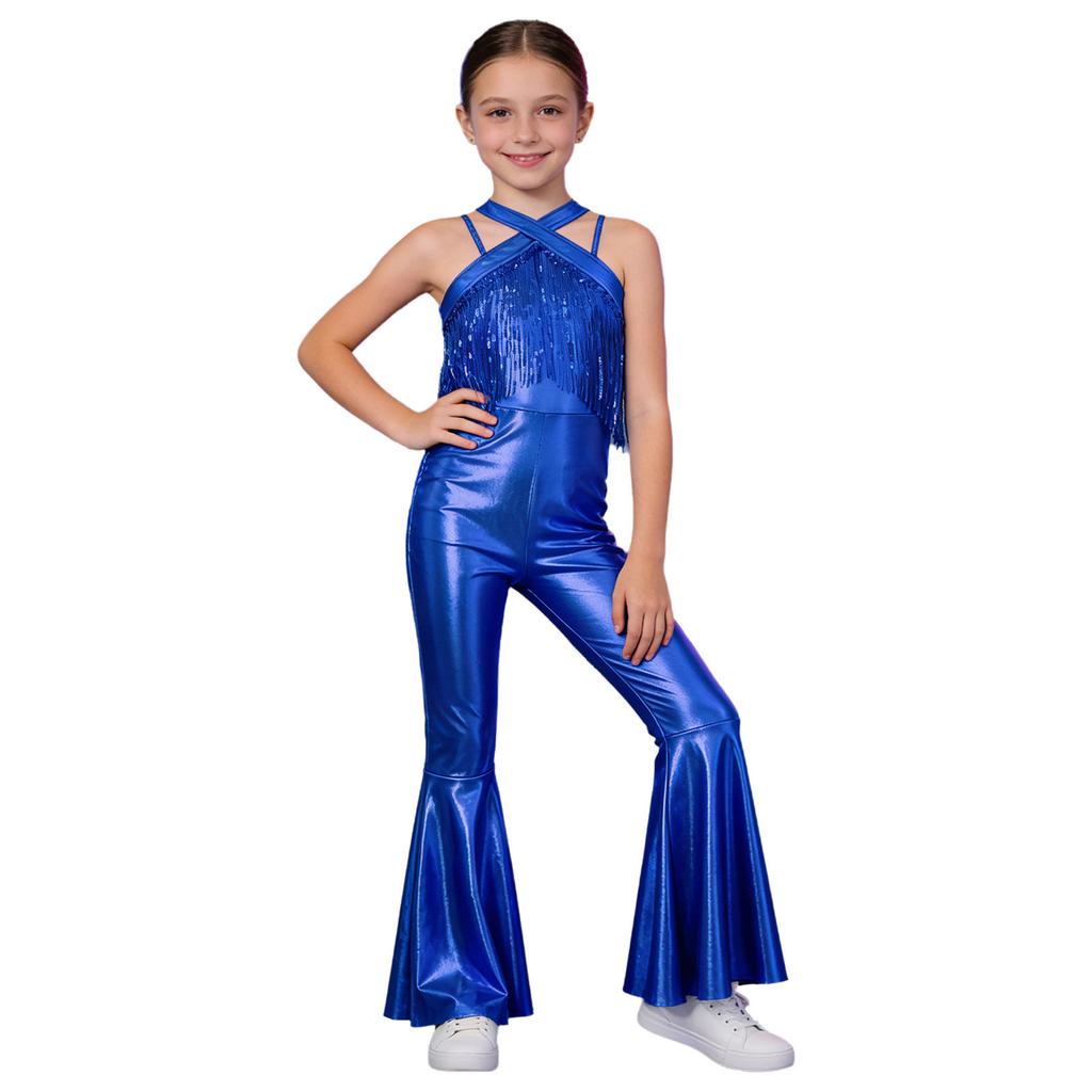 Metaliczny Kostium Body do Tańca Disco dla Dzieci: Bezrękawnikowy kombinezon z cekinami i frędzlami, z tyłu na niewidoczny zamek błyskawiczny i rozszerzanymi nogawkami