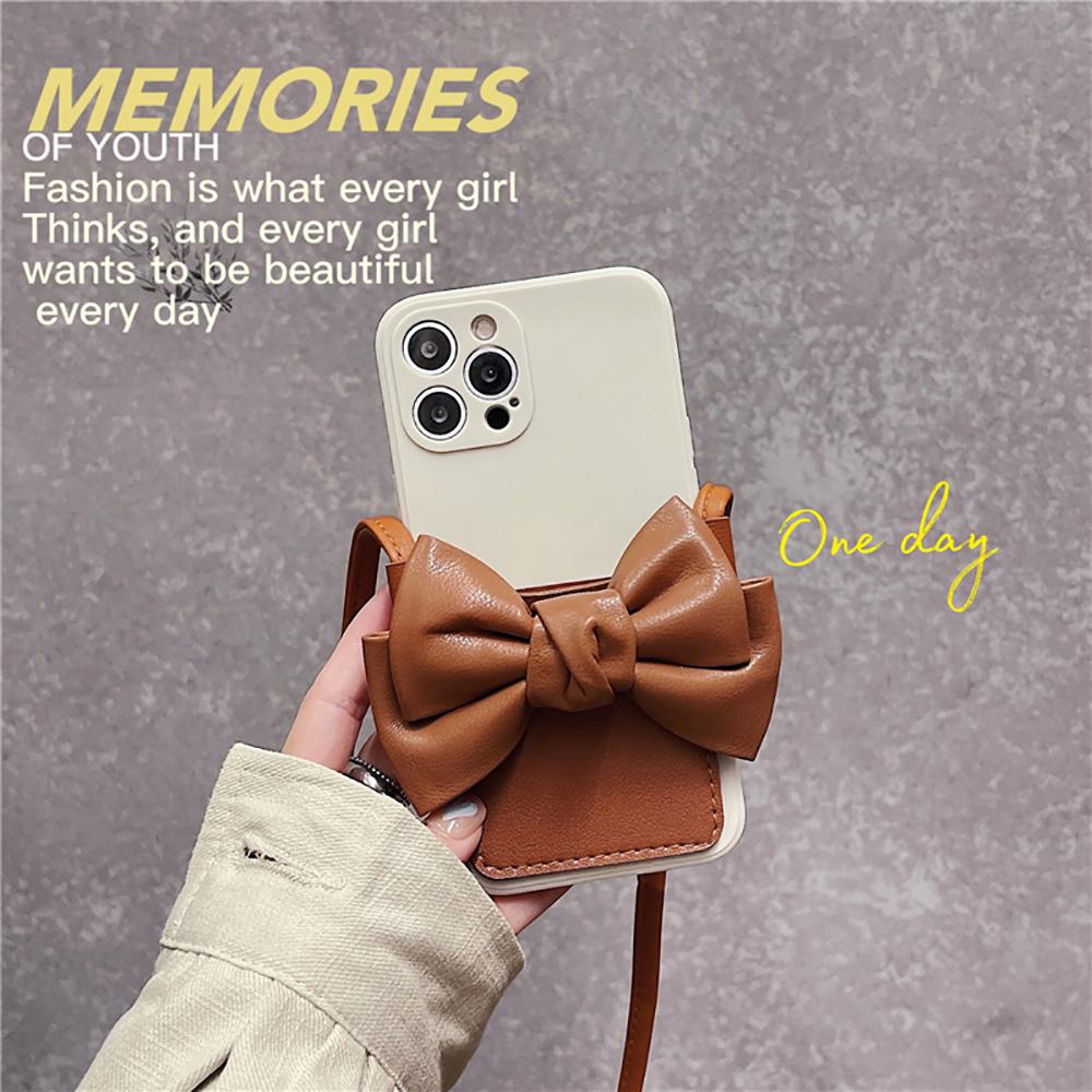 Custodia per telefono con cordino in pelle Pu con fiocco carino 3D per Iphone 11 12 13 Pro Xs Max X Xr 7 8 Plus Cover posteriore morbida e di lusso