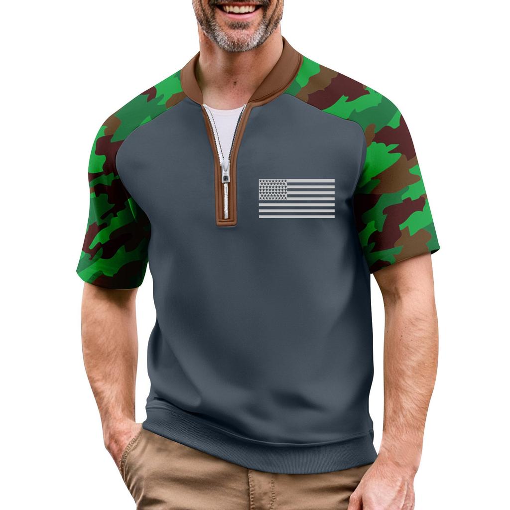 Men's Summer Camouflage Raglan Sleeve Casual T-Shirt Sports Flag Printed Zipper Neck Top