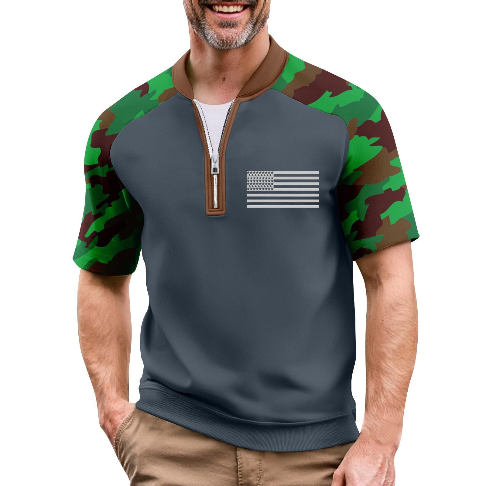 

Мужская летняя камуфляжная футболка с рукавом реглан, повседневная, спортивная, с принтом флага, топ с молнией на шее XXL