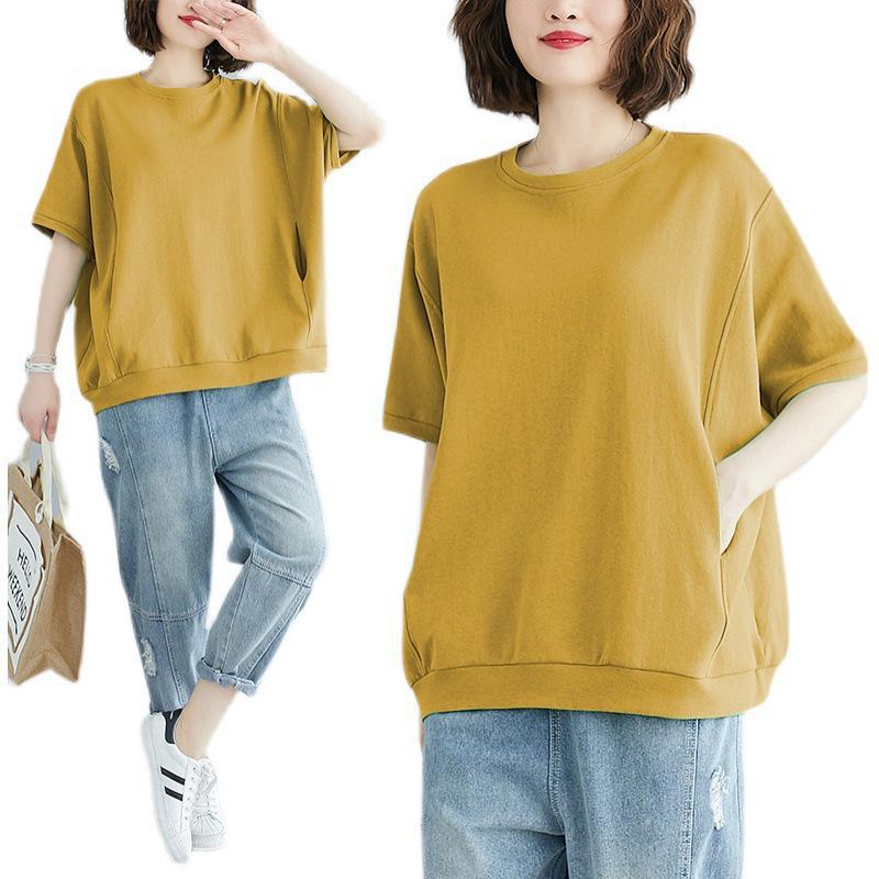 Summer Plus Size Slimming T-Shirt for Girls: Loose Fit, Age-Reducing, Solid Color, Versatile Short Sleeve Top