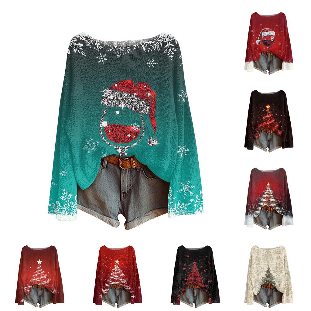 Ladies' Fashionable Casual Long Sleeved Christmas Printed Round Neck Knitted Yarn