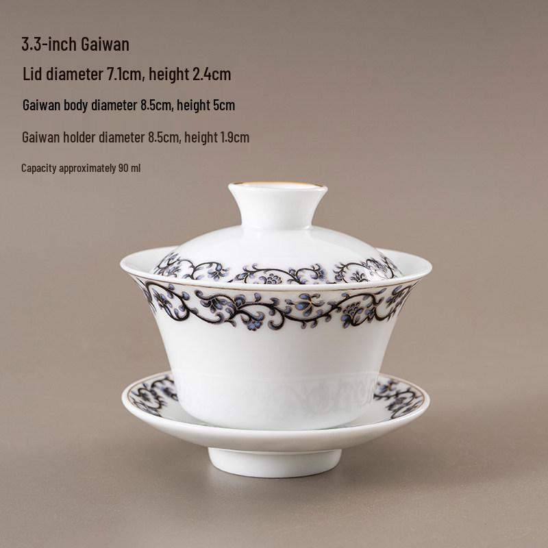 Chinese Style Ceramic Tea Set: White Porcelain Cup with Blue and White Ruyi Covered Bowl for Living Room