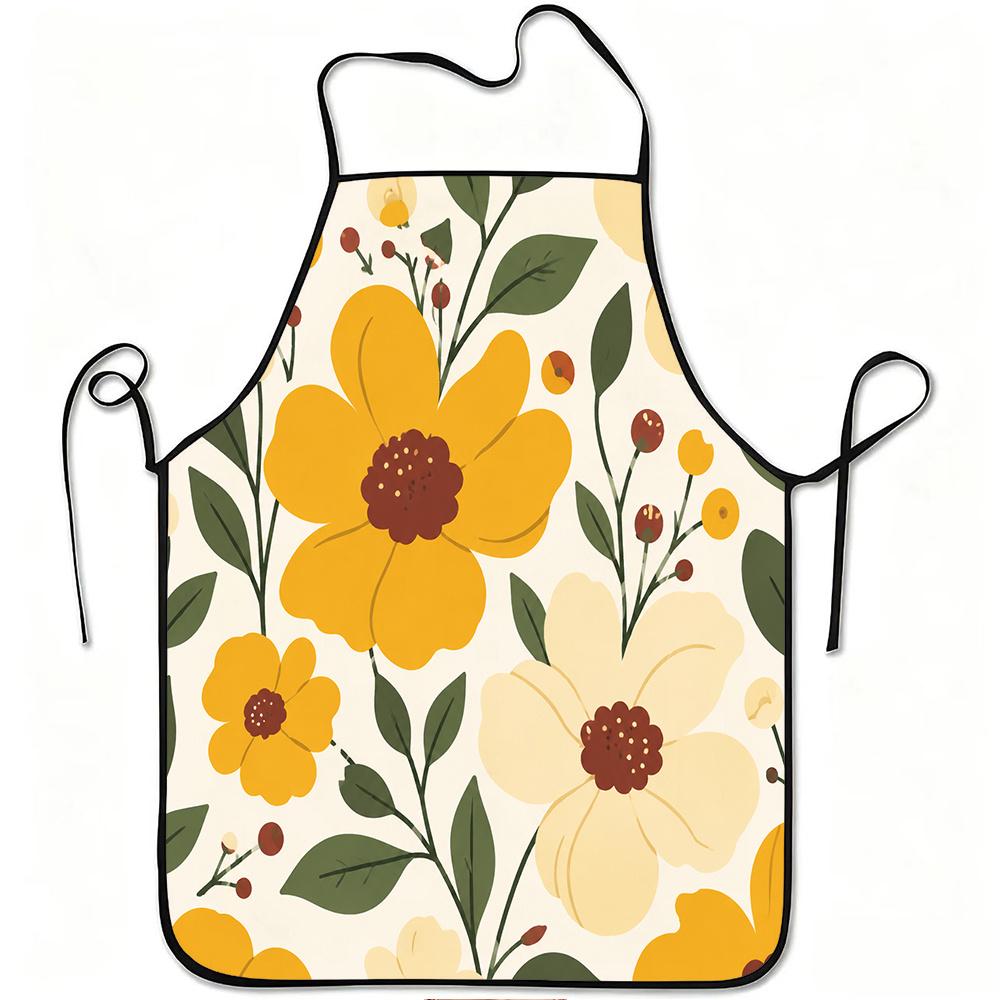 1pc Yellow And Cream Floral Pattern Print Apron, Durable And Easy to Clean, Adjustable Waistband, Polyester Material, for Kitchen Cooking, Gardening,