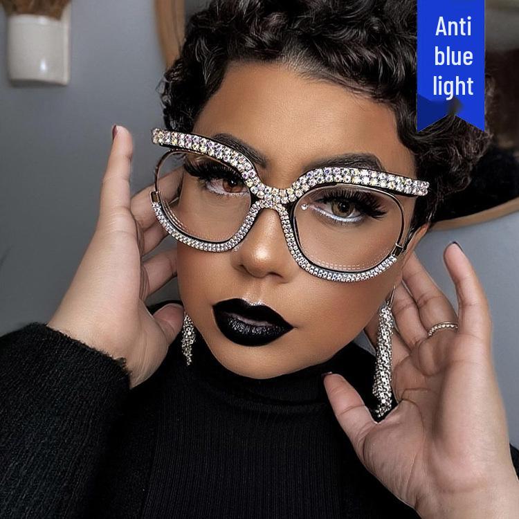 2022 Trendy Rhinestone Owl Large Anti-Blue Light Eyeglass Frame for European & American Styles