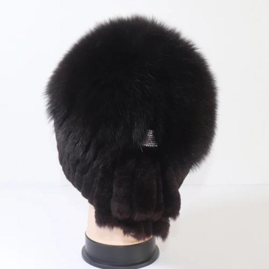 Winter Knitted Real Fox Fur Hat With Tail Women Warm Soft Real Rex Rabbit Fur Hats Natural Luxury Quality Genuine Fur Caps