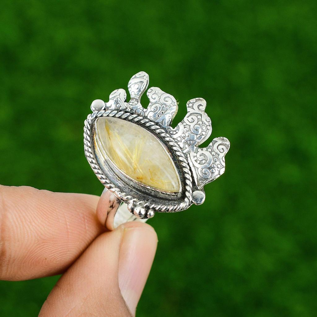Mothers day Deal 925 Silver Marquise Golden Rutile Stone Engagement Ring Jewelry