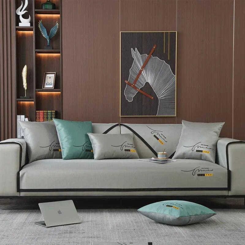 Sommer Neu Einfarbig Sofabezug Modern Minimalistisch Eis Seide Stickerei Sofakissen Kühl Rutschfest Wohnzimmer Sofaschutz