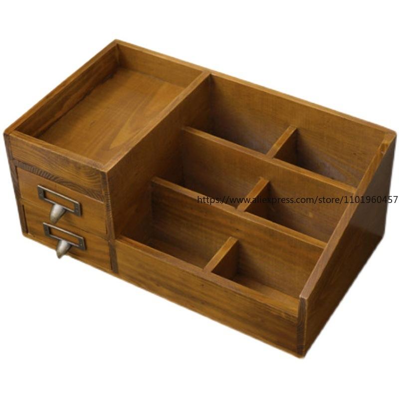 Solid Wood Large Desktop Wooden Cosmetics Storage Box Multi-Functional Desktop Creative Skin Care Product Organization Box