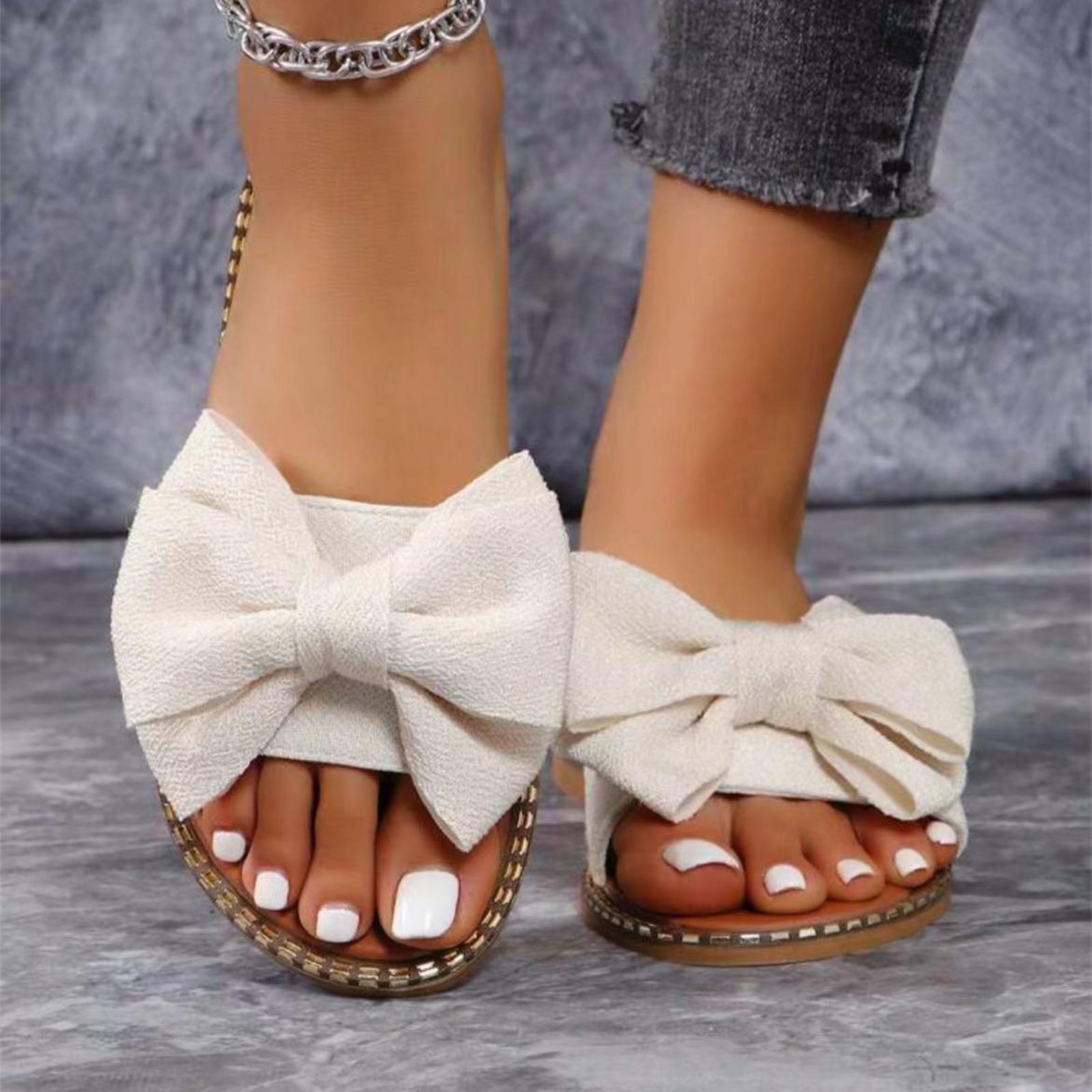 

Ladies casual and fashionable flat bottomed rhinestone bow one line slippers, lightweight cloth surface slippers for wearing outside 36 бежевый