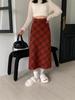 Retro Red Wool Plaid A-Line High-Waisted Mid-Length Skirt for Autumn/Winter