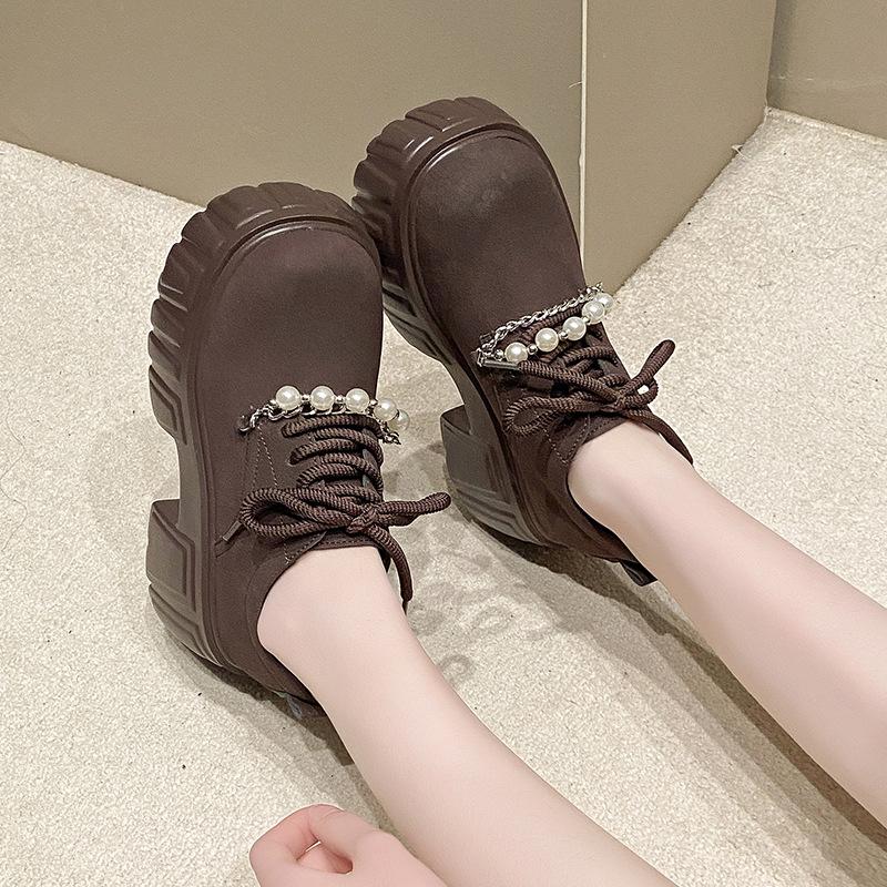 2025 autumn new small muffin lace-up jk loafers women's pearl platform British style platform single shoes