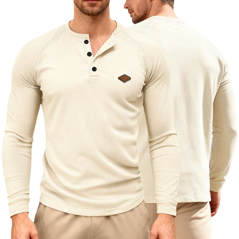 Men's American Casual Waffle Knit Henley T Shirt, Long Sleeve Raglan Button Quick Dry Thin Top for Spring Autumn