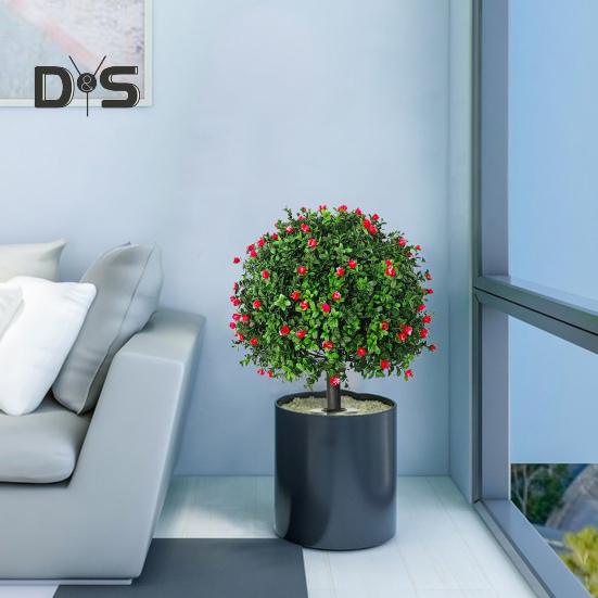 Artificial Camellia Topiary Ball Simulated Topiary Trees with Red Flowers UV Resistant Faux Greenery Shrubs with Ground Spike for Garden Porch Patio