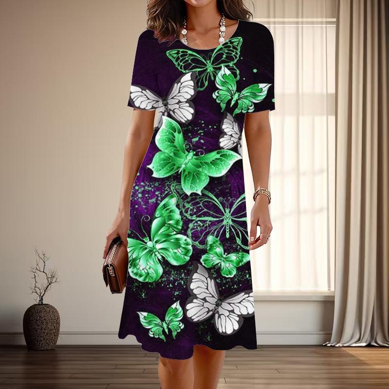 Women's Fashion Graceful Butterfly Print Summer Spring Short Sleeve O-Neck Casual Dresses