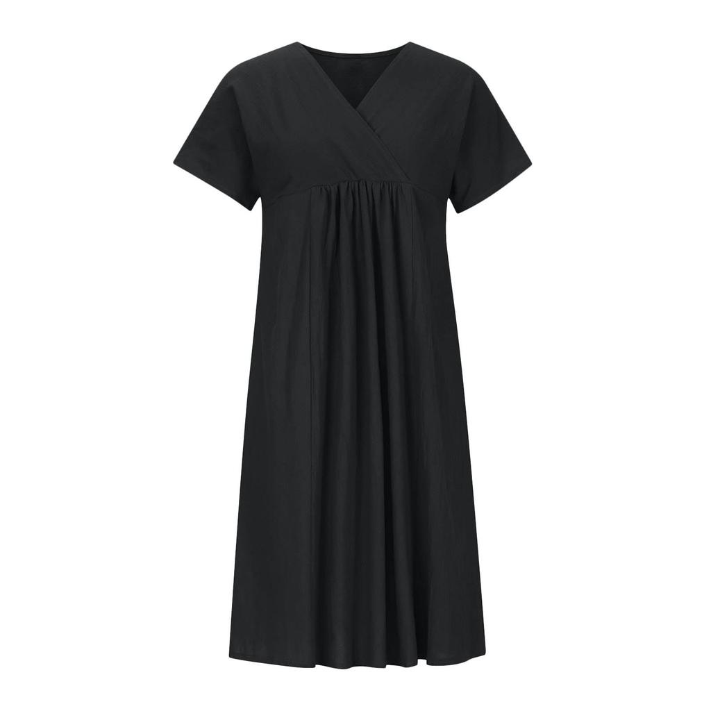 Letnie Sukienki Damskie Bawełniano-Lniana Sukienka Damska Falbanka Dekolt V Sukienka T-shirt Luźny Krótki Rękaw Sukienka