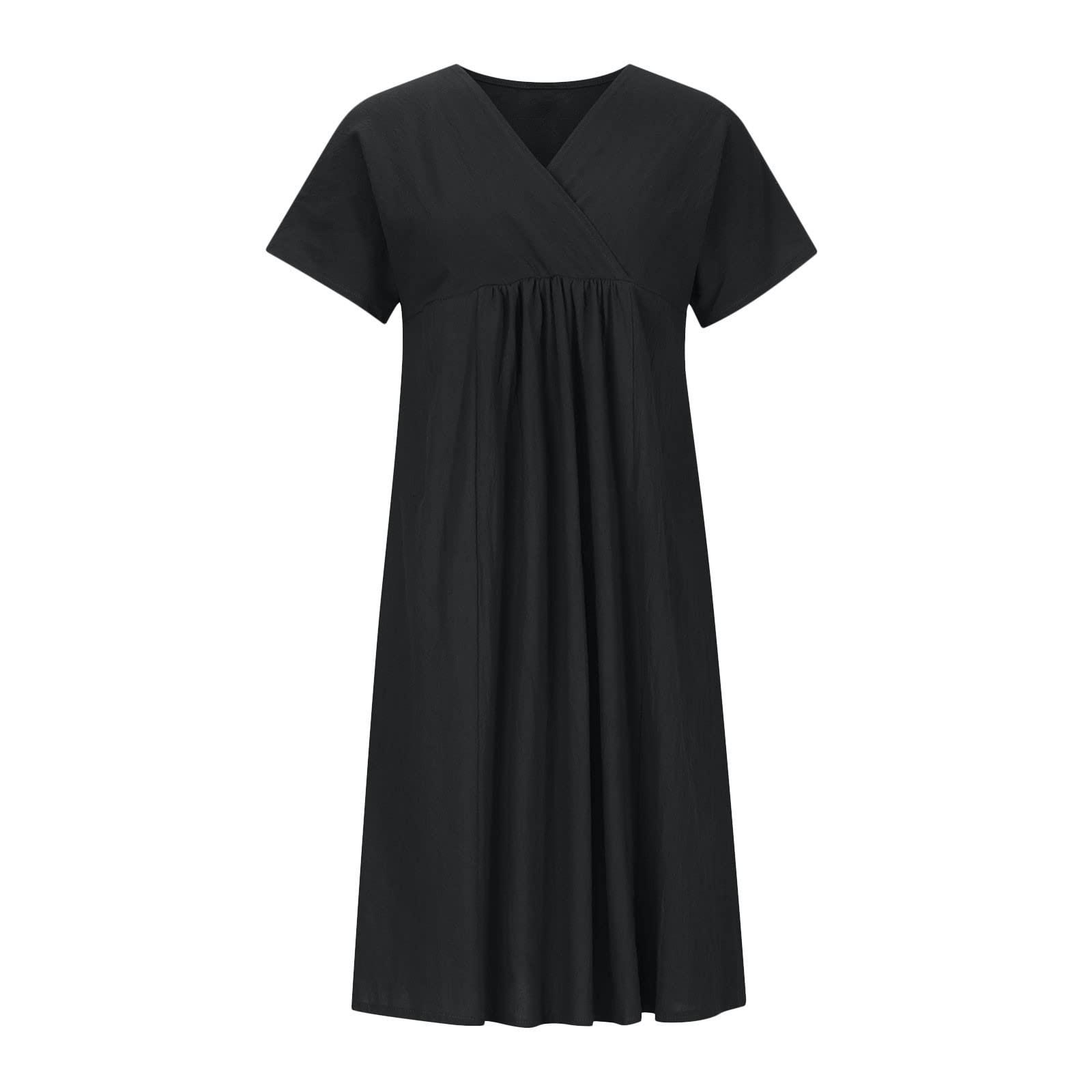 Женские летние платья Женское хлопково-льняное платье с рюшами и V-образным вырезом — фото 5