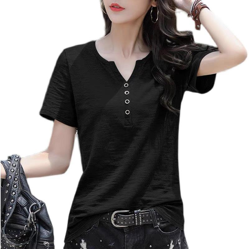 Women Summer V Neck Short Sleeve T-shirt Solid Color Waist Slim Korean Style Casual Commuter Blouse With Buttons