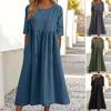 Women's Summer Casual Round Neck Short Sleeve Loose Long Retro Dress