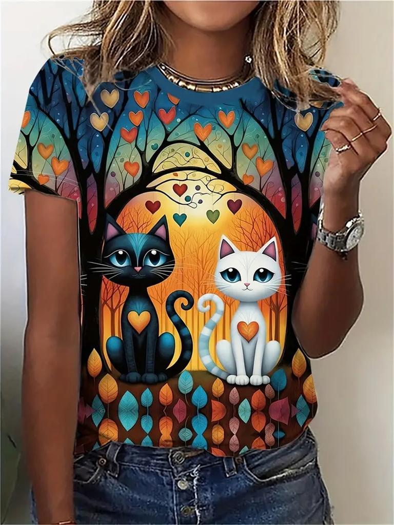 2025 Damen T-Shirt Lässig Mode Kurzarm Neu Lustig Cartoon Tier Katze 3D Druck T-Shirt Für Damen Tägliches Oberteil