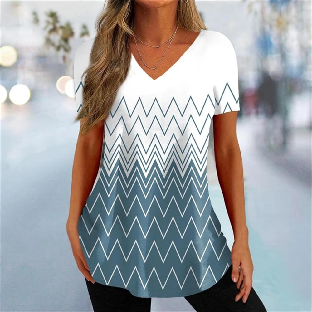 Simple Curve Digital 3D Print Fashion Women Tshirt Pullover Daily Suitable All Seasons Splicing Short Sleeves Polyester V-Neck