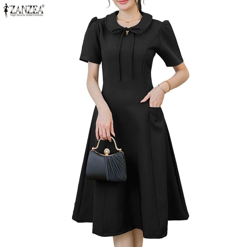 ZANZEA Women Casual Doll Collar Summer Short Sleeve Long Dress